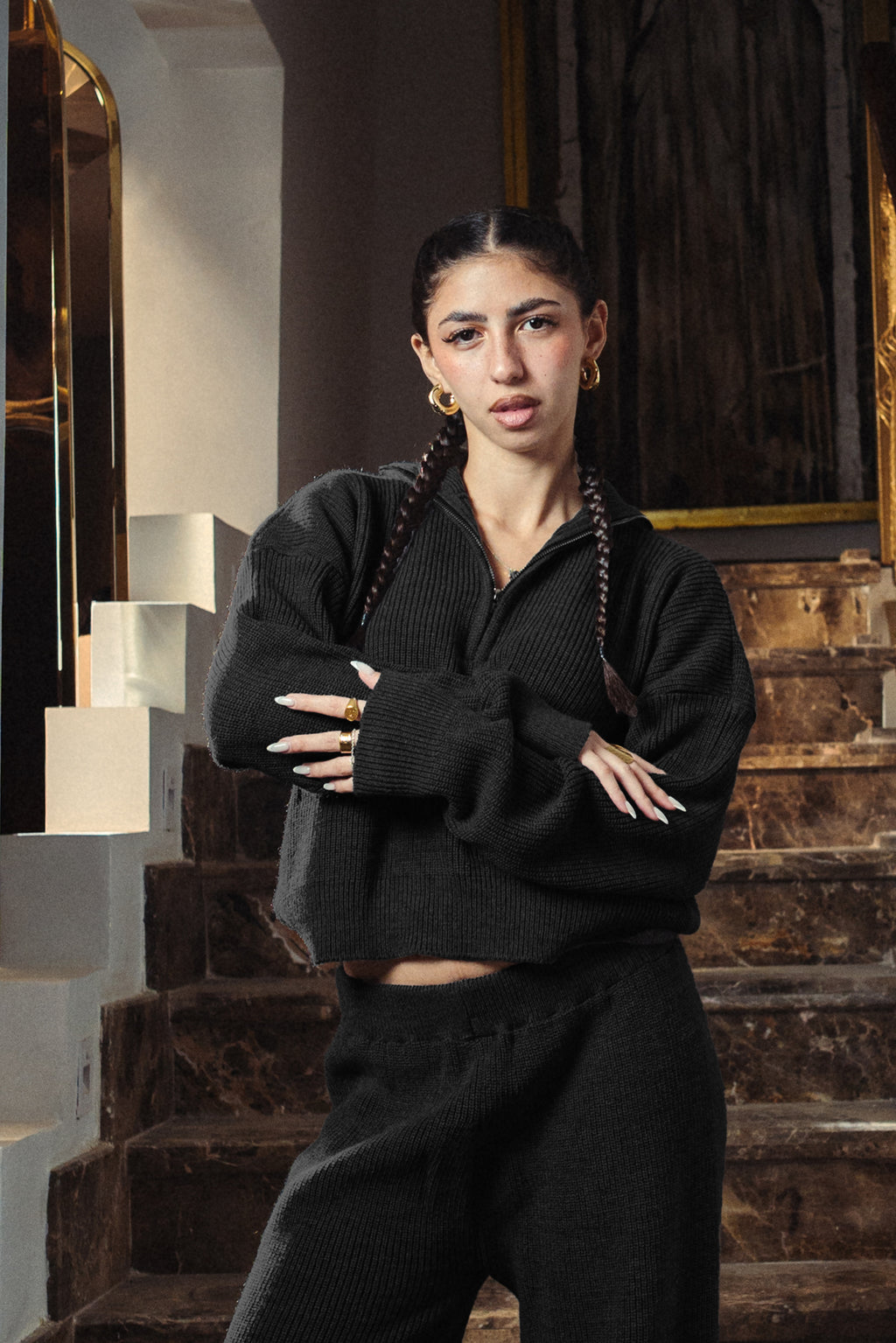 Black Quarter Zip Knitted Pull