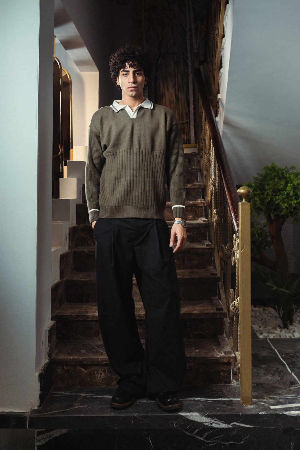 men Ebony Olive Knitted Polo Front View