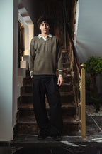 men Ebony Olive Knitted Polo Front View