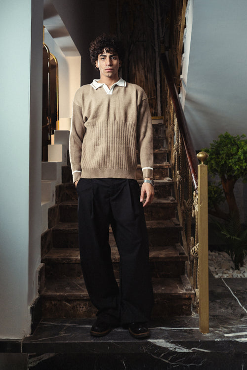 men Arabian Beige Knitted Polo Front View