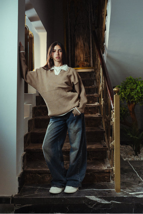 Women Arabian Beige Knitted Polo Front View