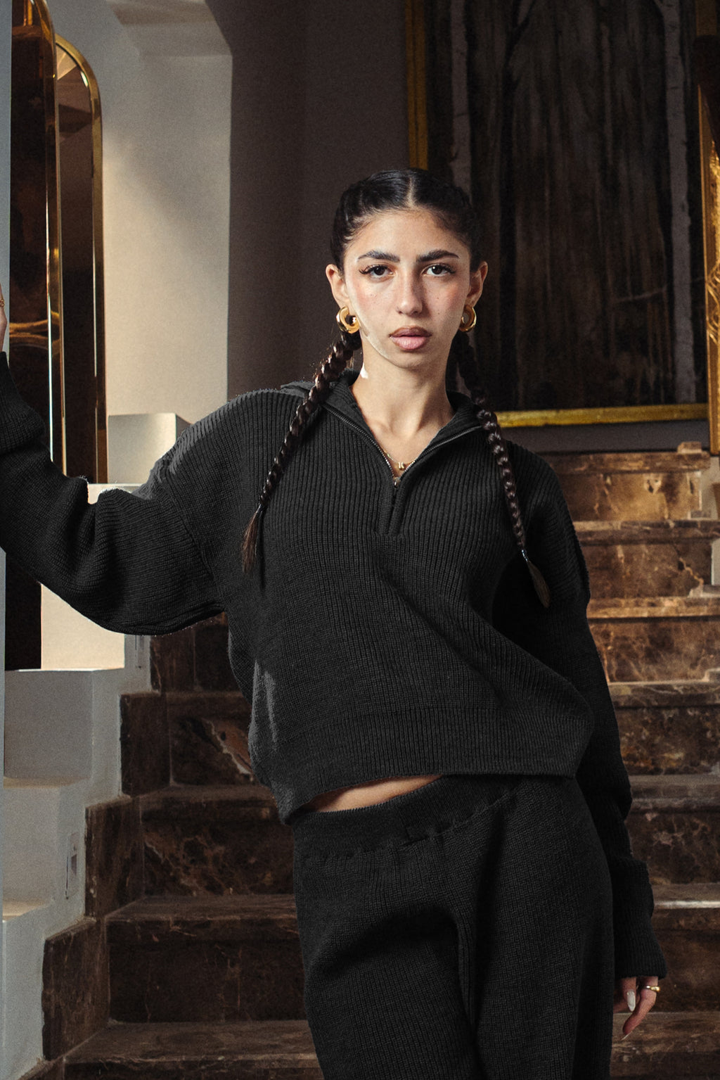 Black Quarter Zip Knitted Pull