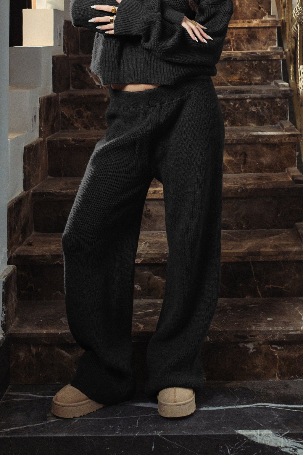 Black Wide-Leg Knitted Pants