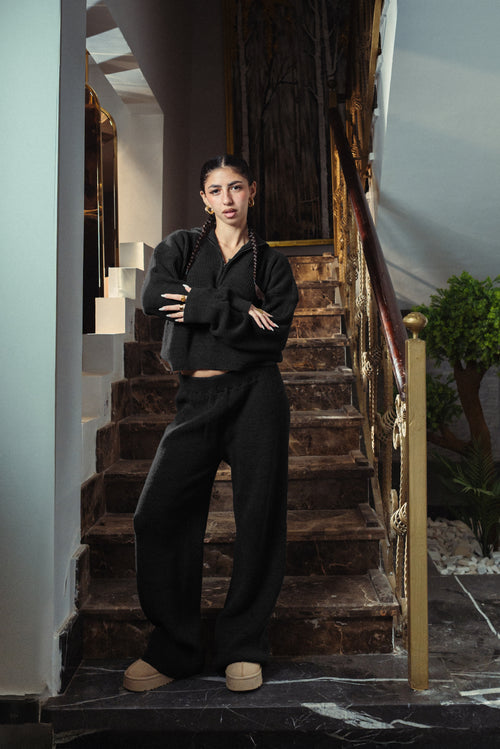 [unisex] Black Quarter Zip Knitted Set