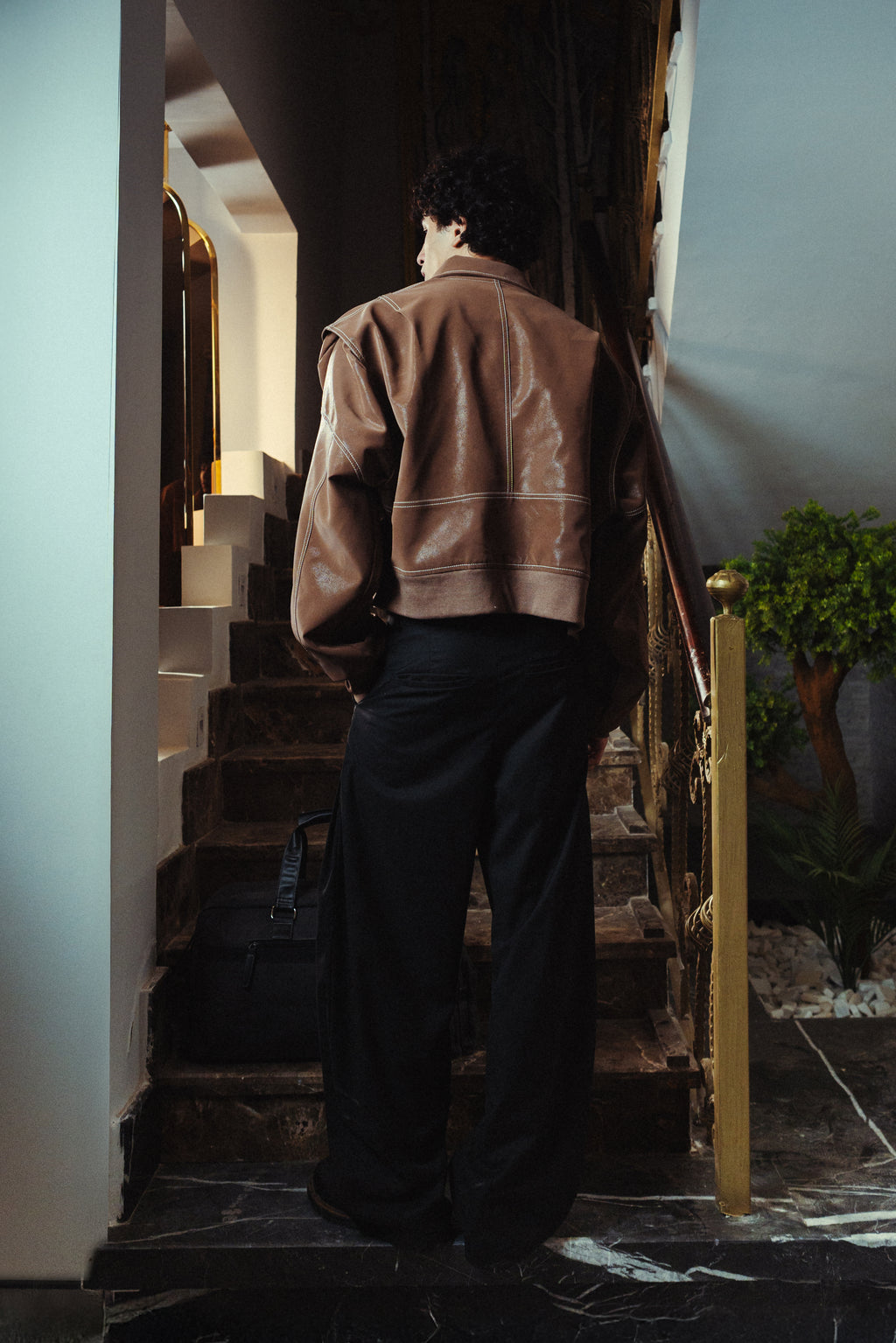 Men Burnt Ochre brown Leather Jacket Back View