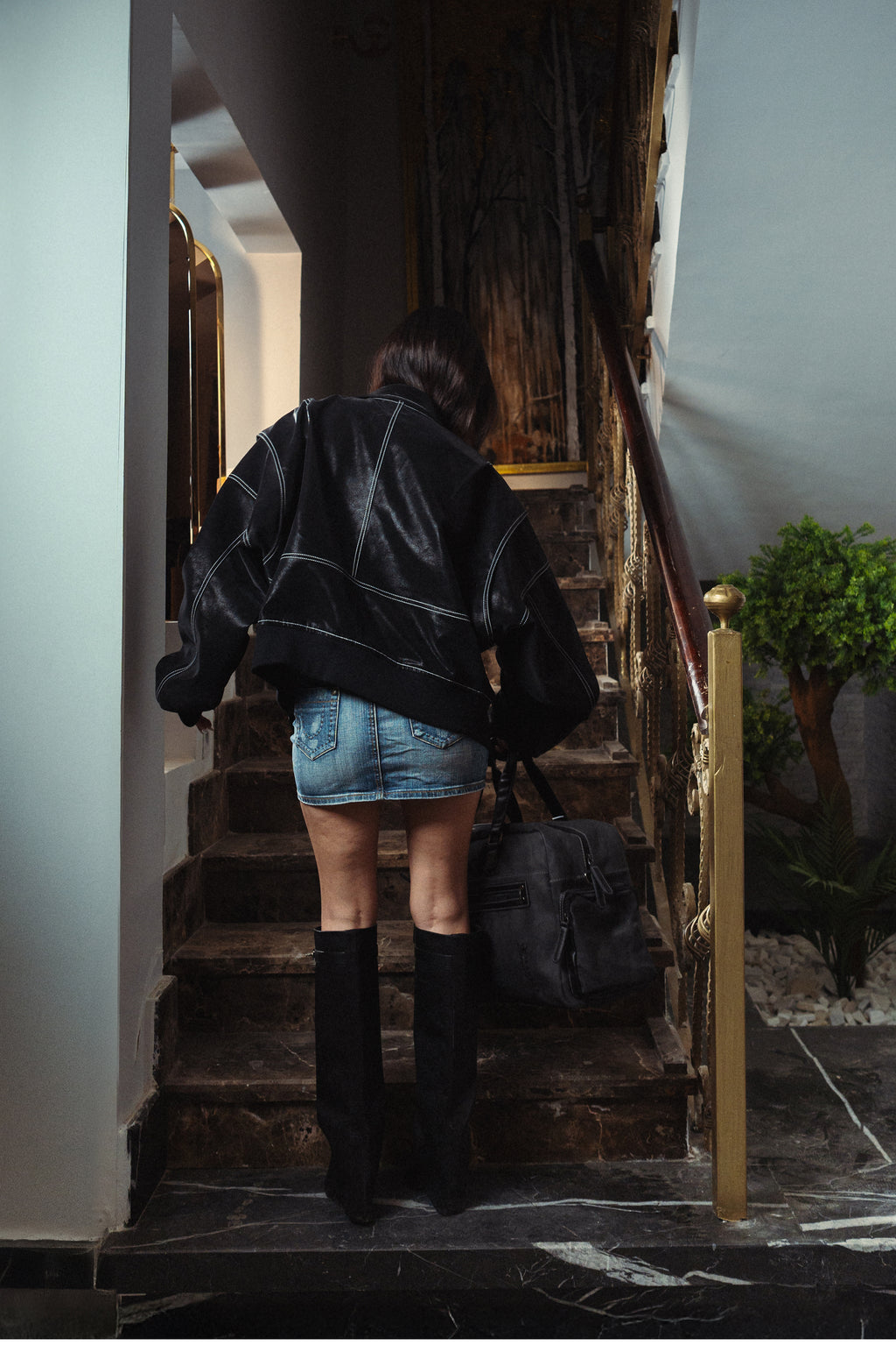 Women Black Leather Jacket Back View