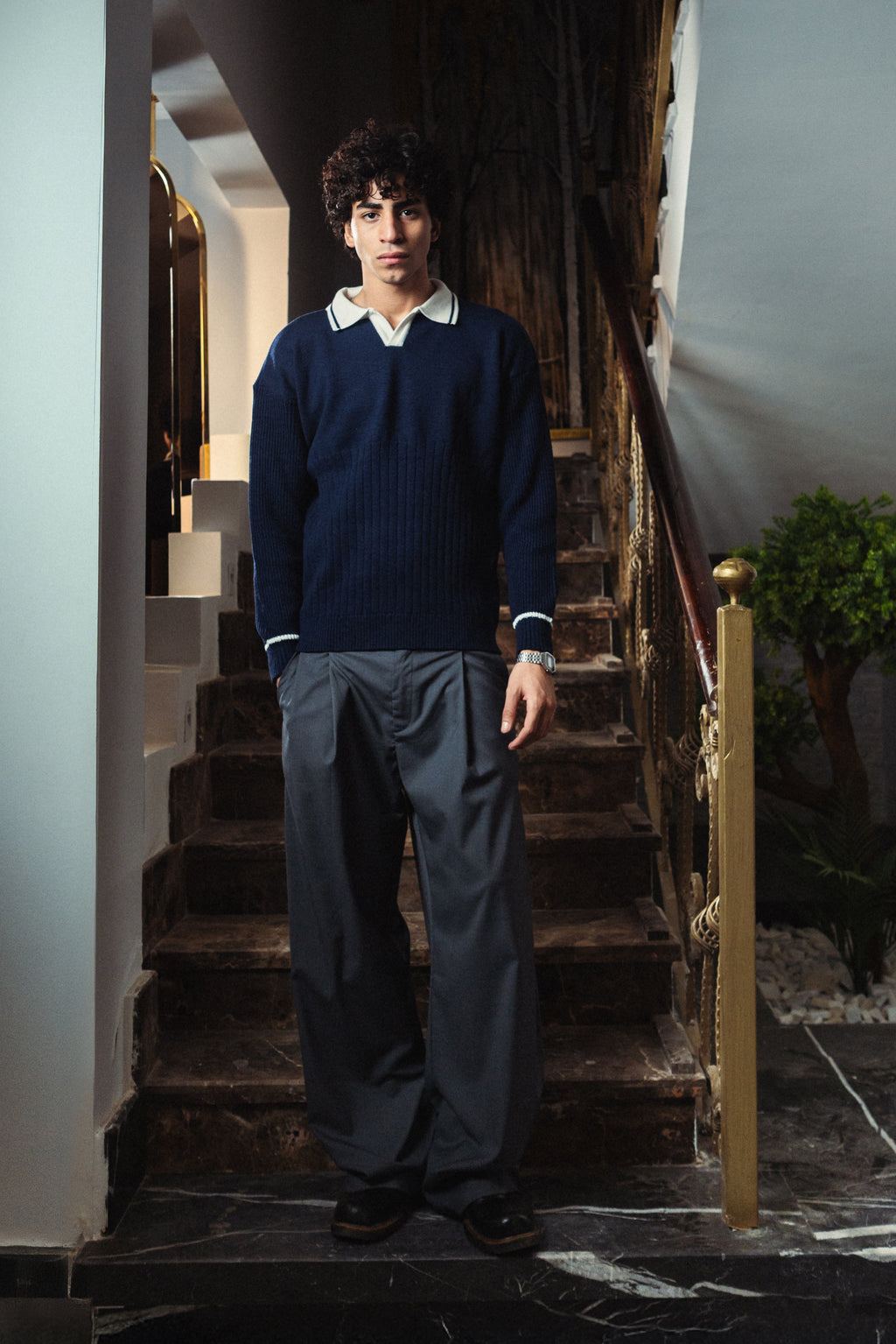 men Mystic Navy Knitted Polo Front View