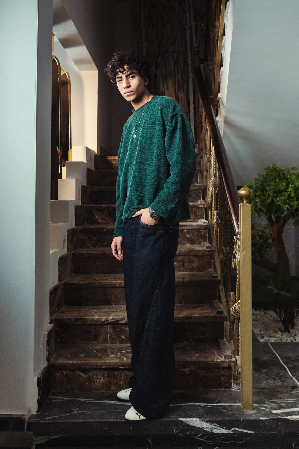 Men Mineral Green Velvet Crewneck  Side View