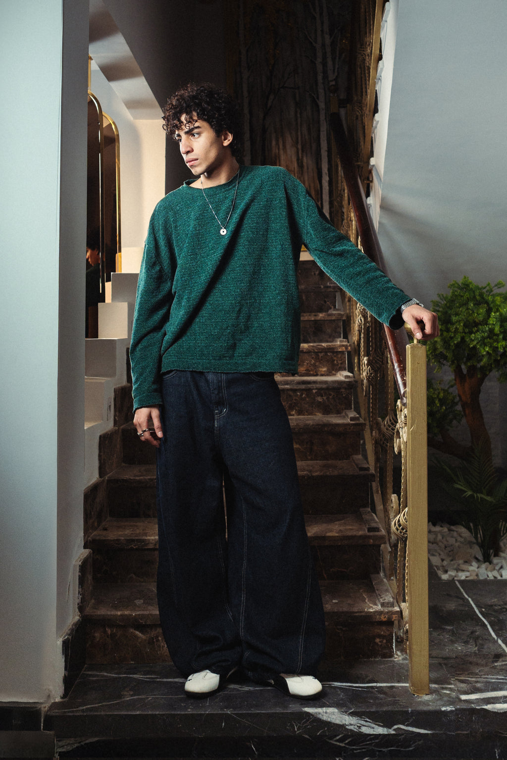 Men Mineral Green Velvet Crewneck  Front View