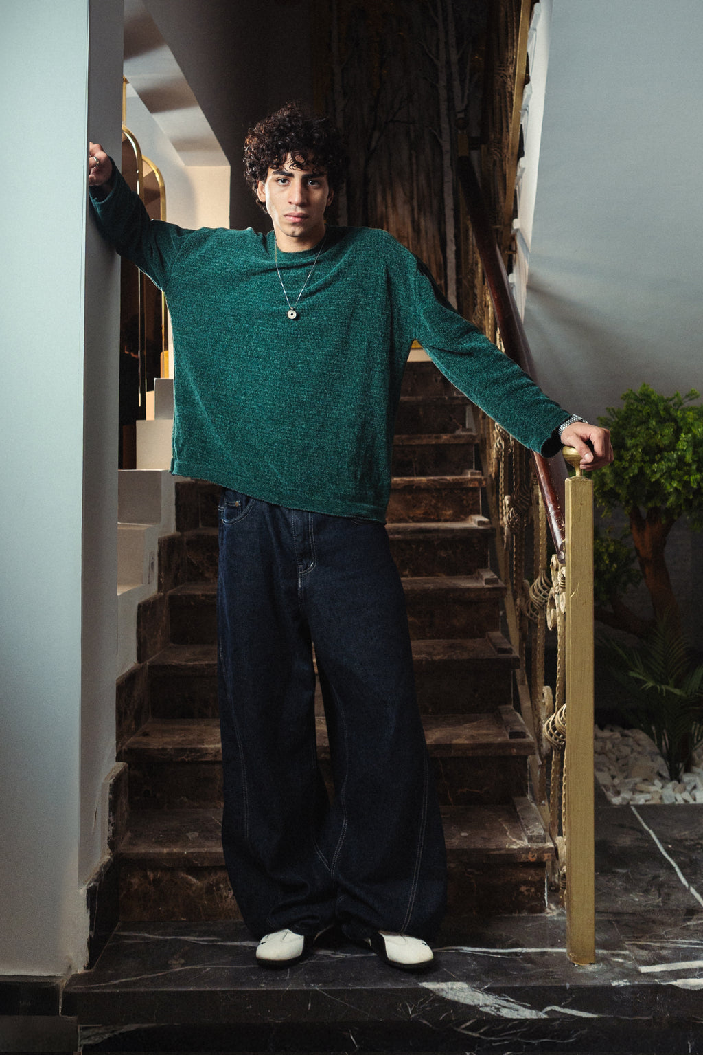 Men Mineral Green Velvet Crewneck  Front View 2