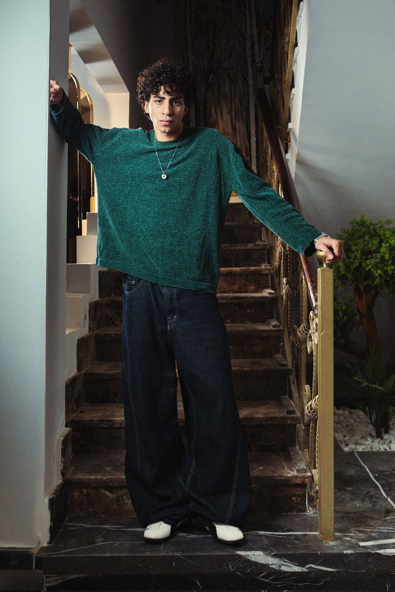 Mineral Green Velvet Knitted Crewneck
