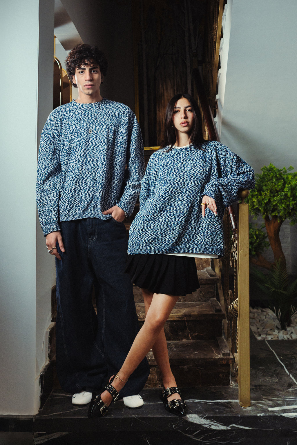 Navy Marl Velvet Knitted Crewneck