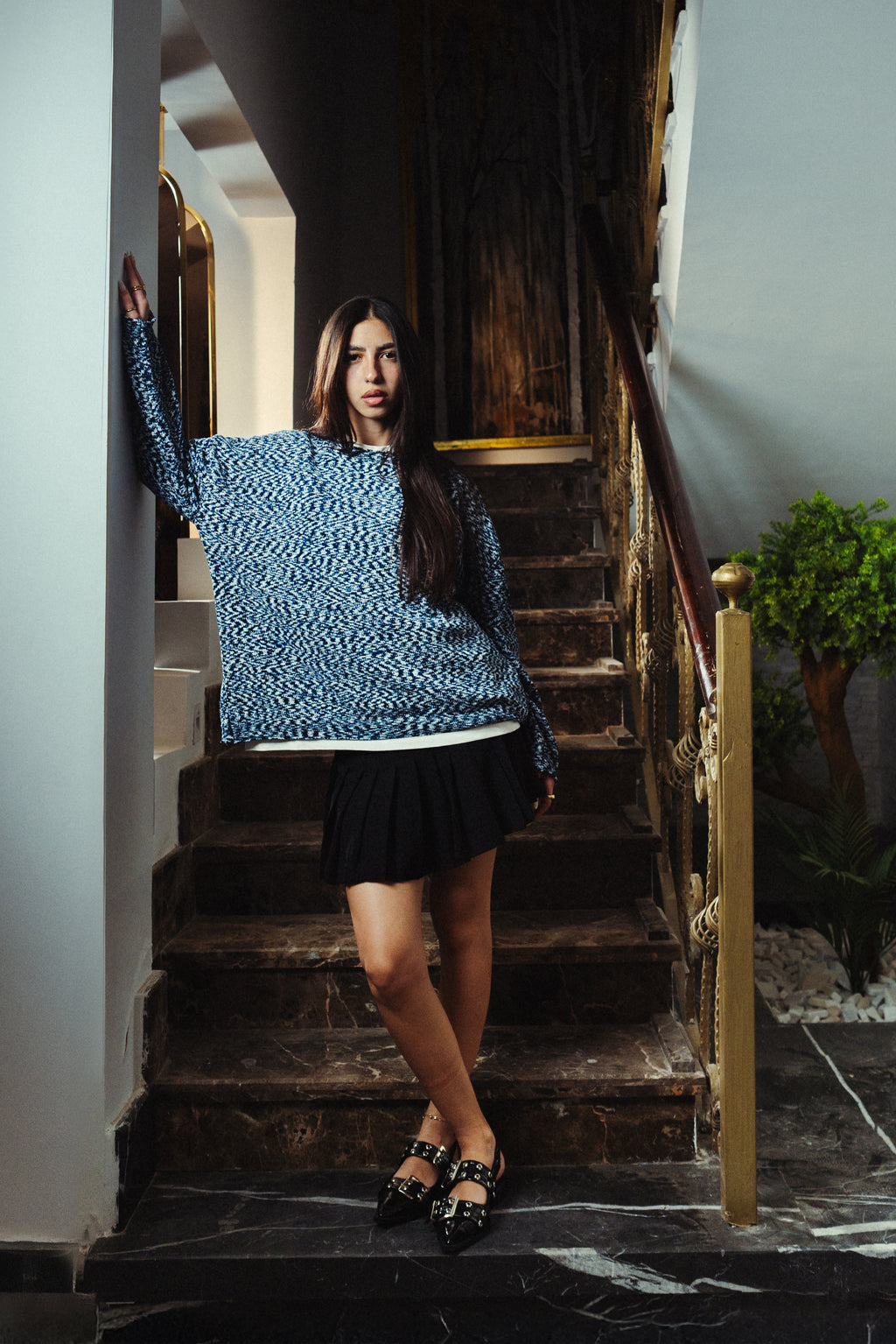 Women deep Navy Marl Velvet Crewneck  Front View