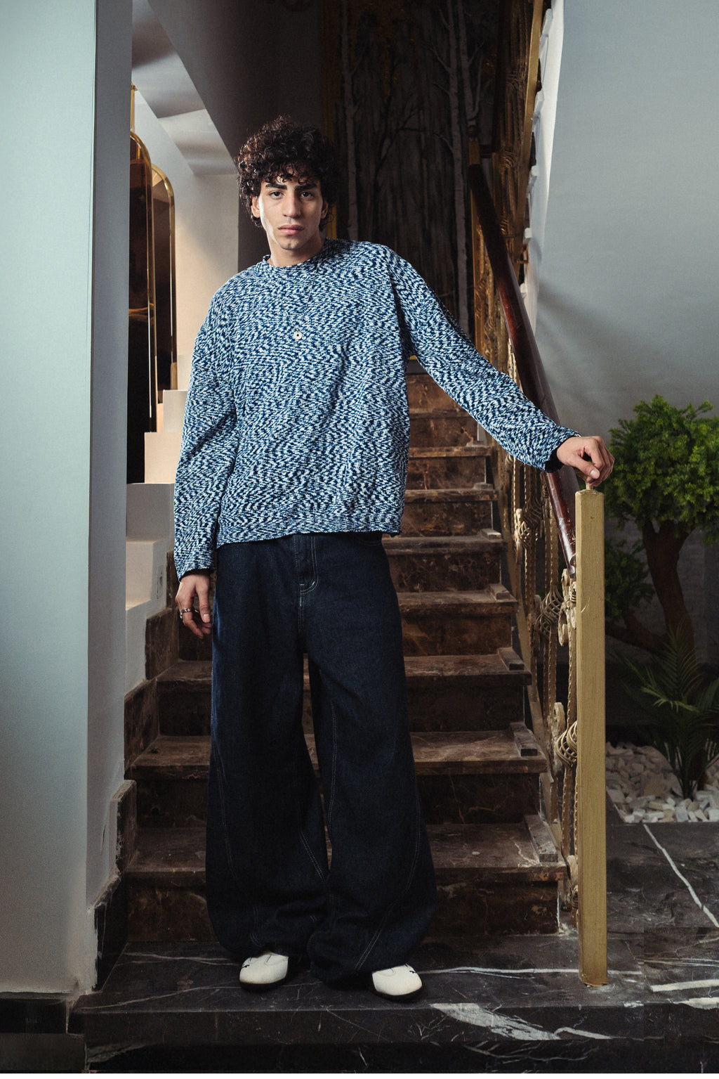 men deep Navy Marl Velvet Crewneck  Front View