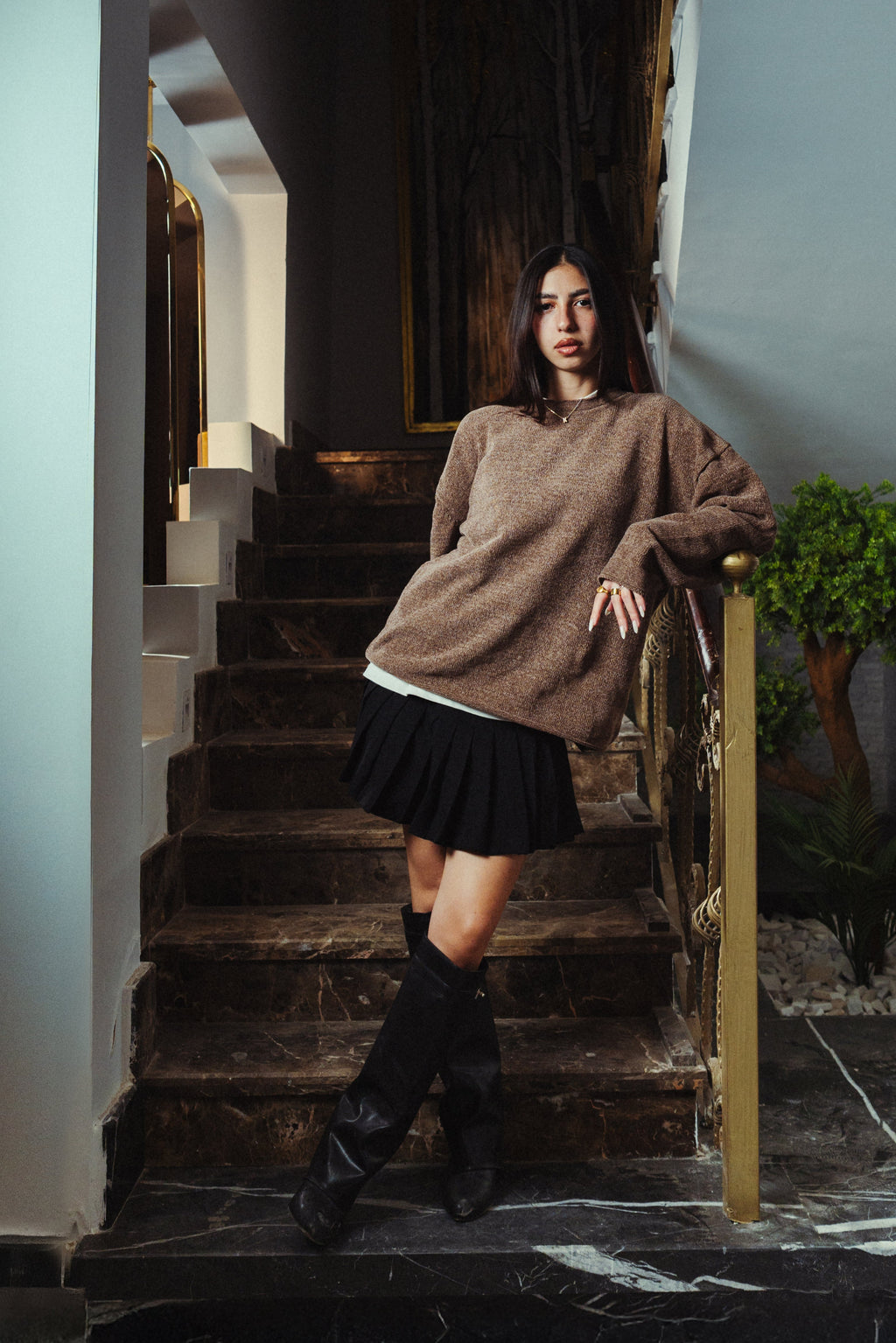 Women Forest Brown Velvet Crewneck  Front View
