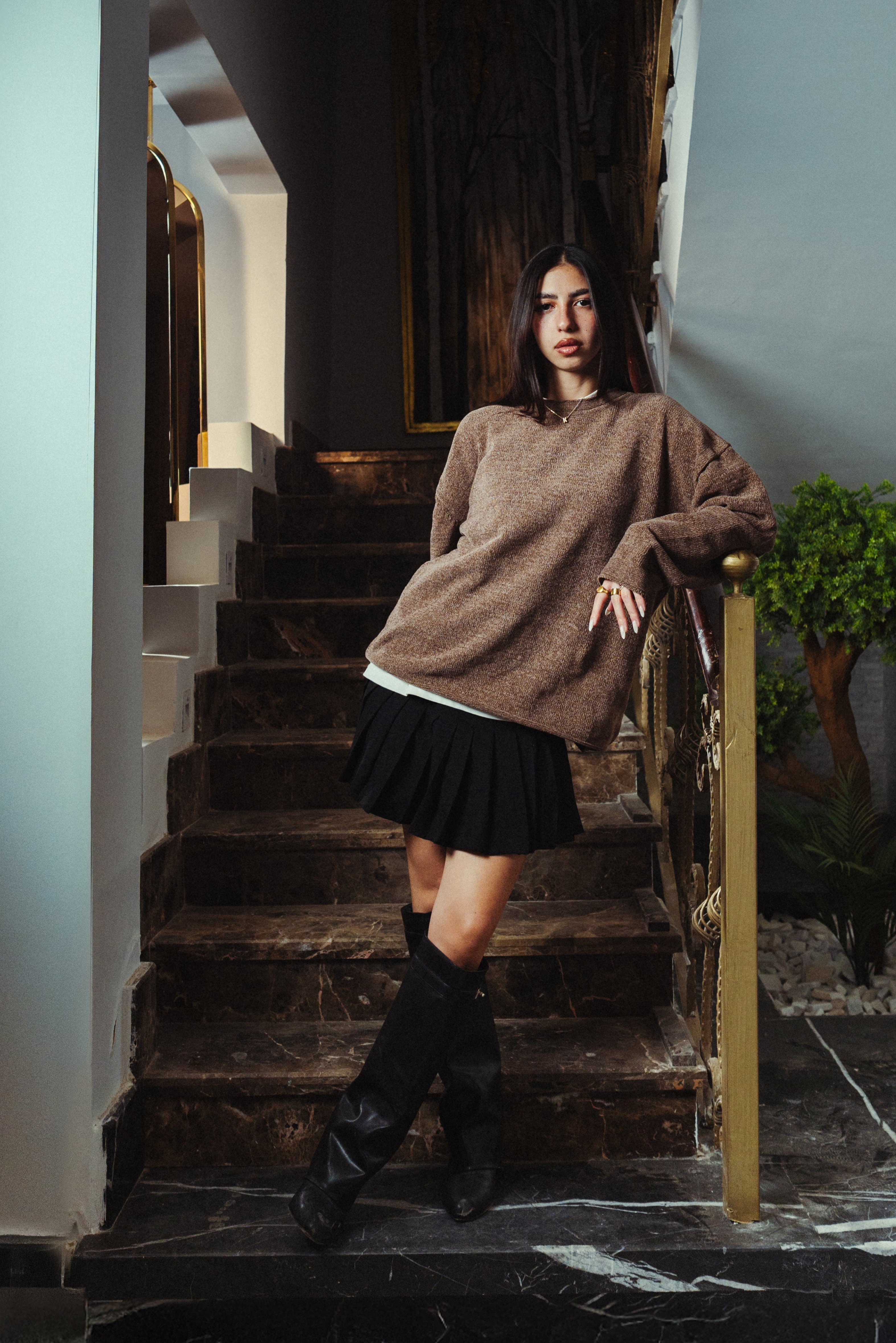 [women] Women Forest Brown Velvet Crewneck Front View