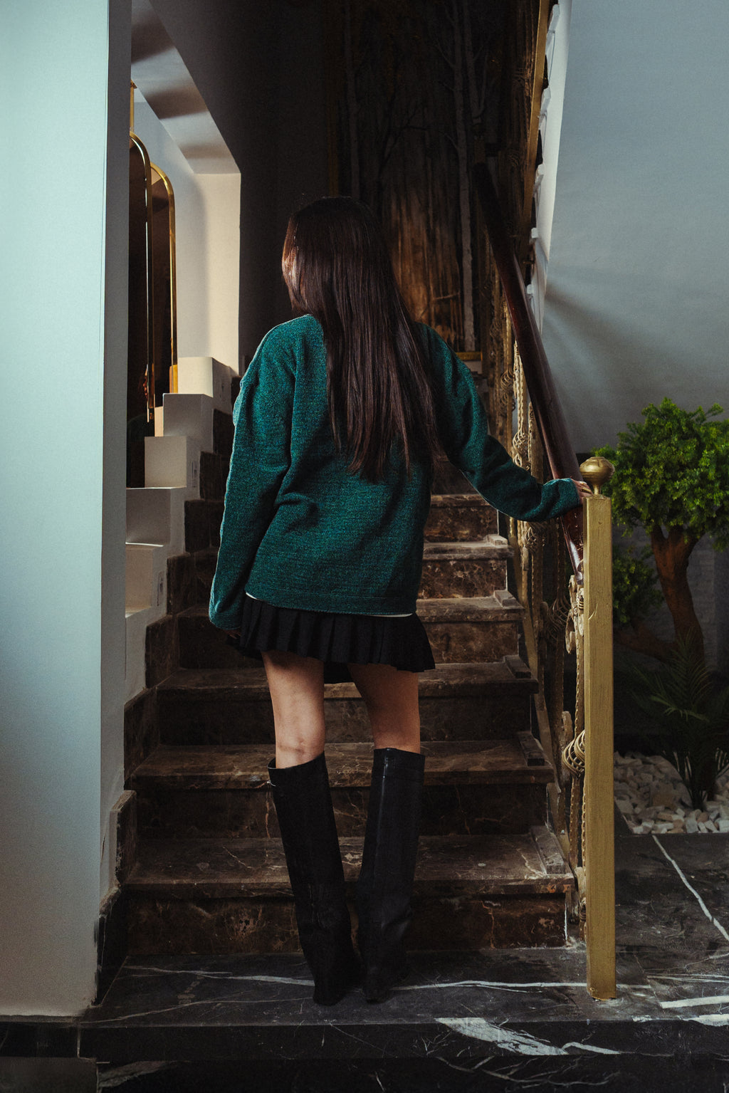 Women Mineral Green Velvet Crewneck  Back View