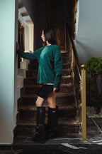 Women Mineral Green Velvet Crewneck  Side View