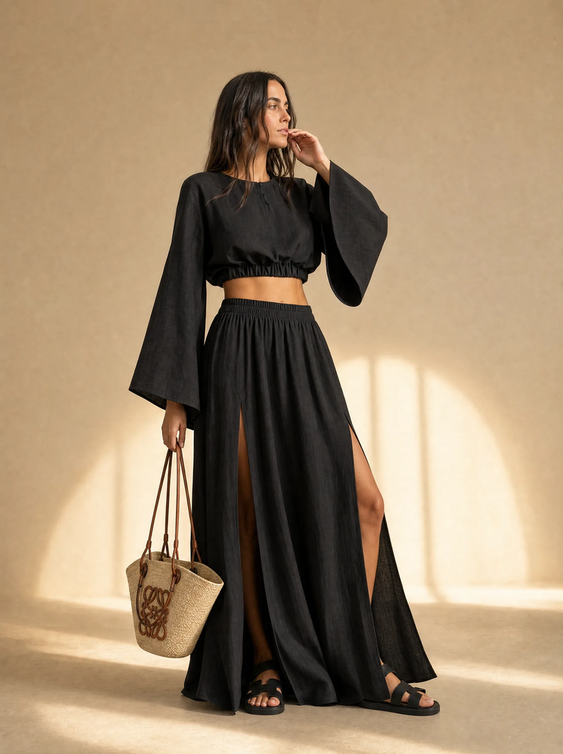 Bell Sleeves Linen Crop Top with Side Slits Skirt Set