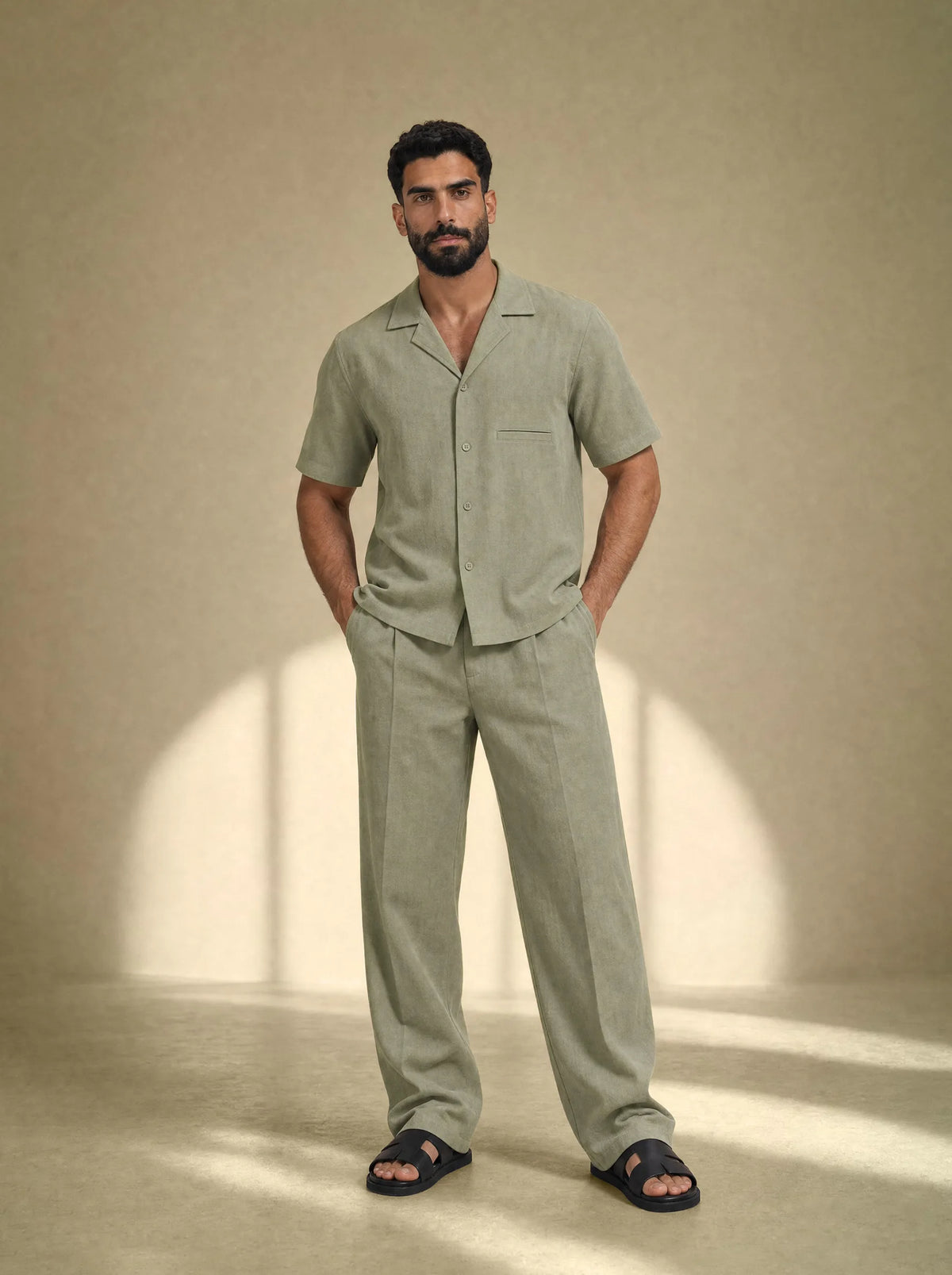 [men] Brushed Linen Shirt + Pants Set