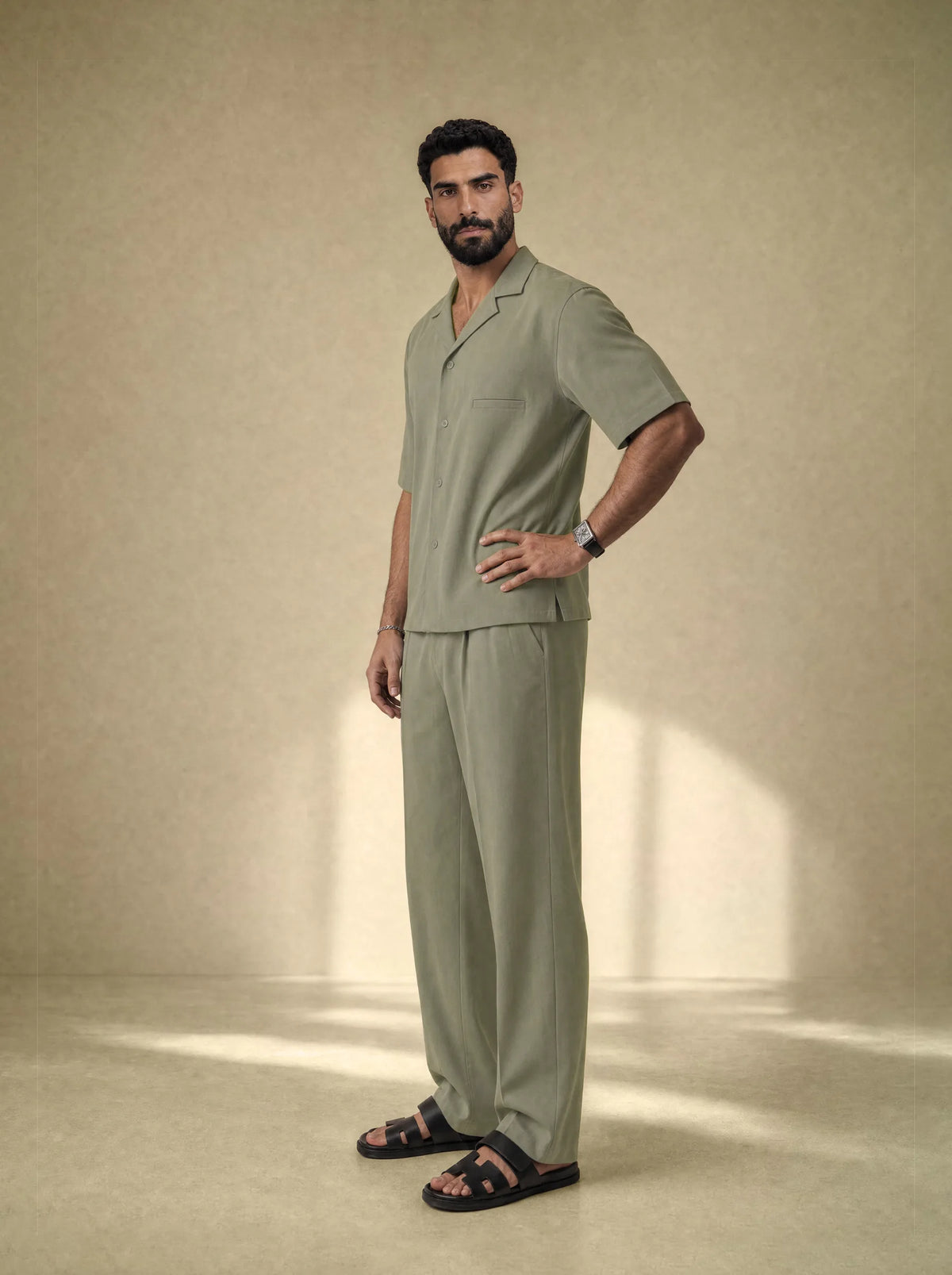 [men] Brushed Linen Shirt + Pants Set