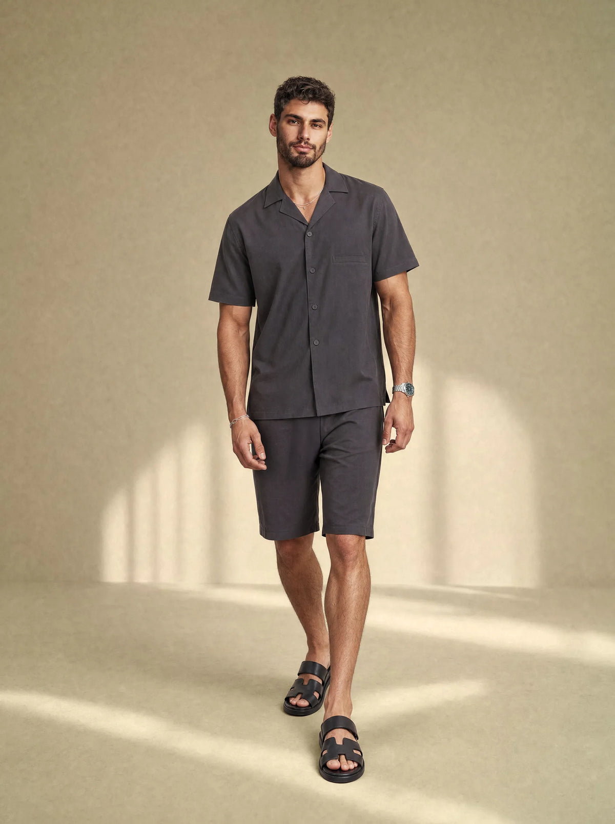 [men] Brushed Linen Shirt + Shorts Set
