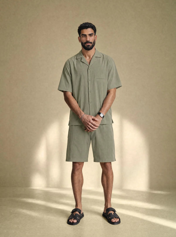 [men] Brushed Linen Shirt + Shorts Set