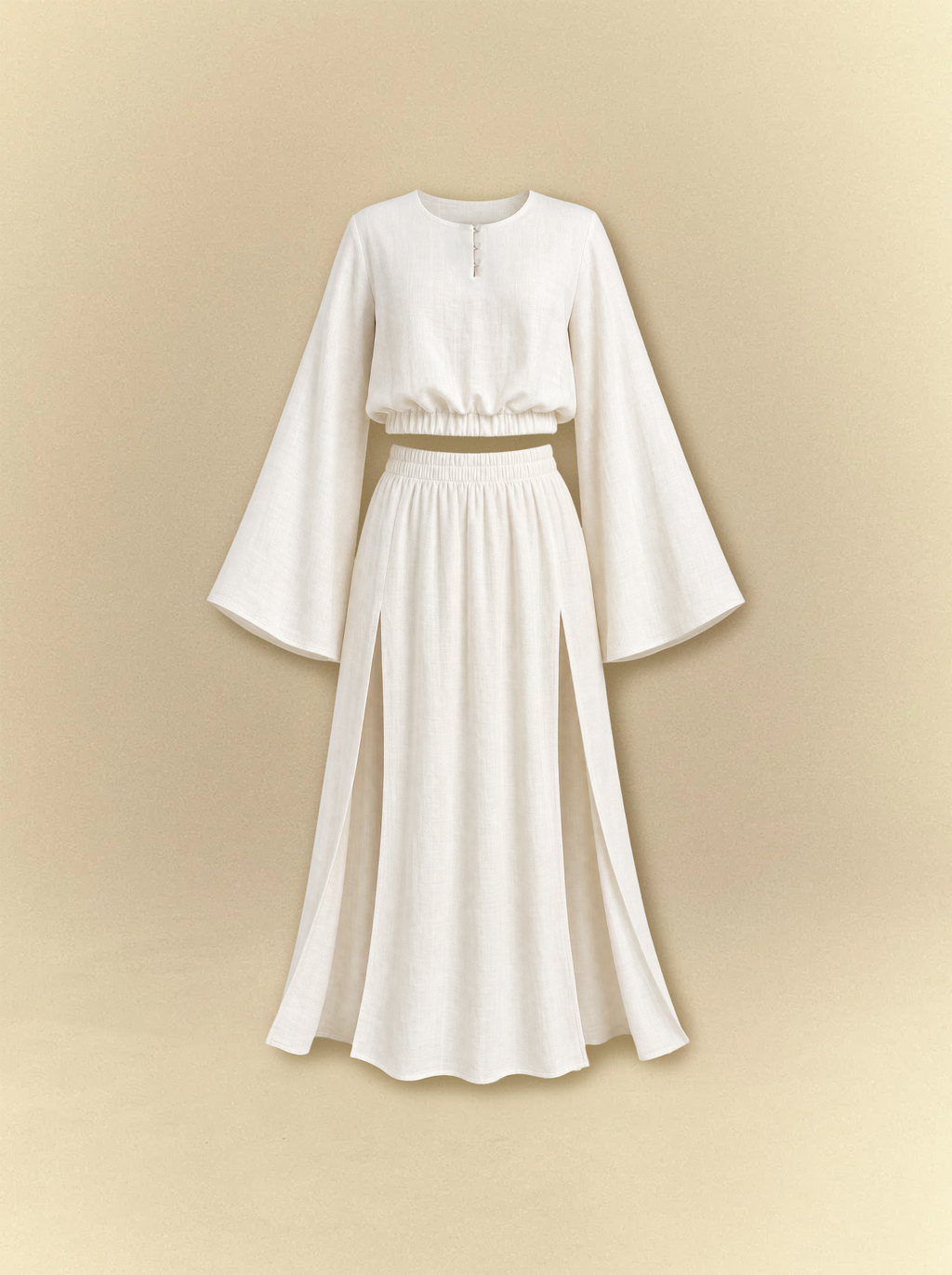 [unisex] Bell Sleeves Linen Crop Top with Side Slits Skirt Set