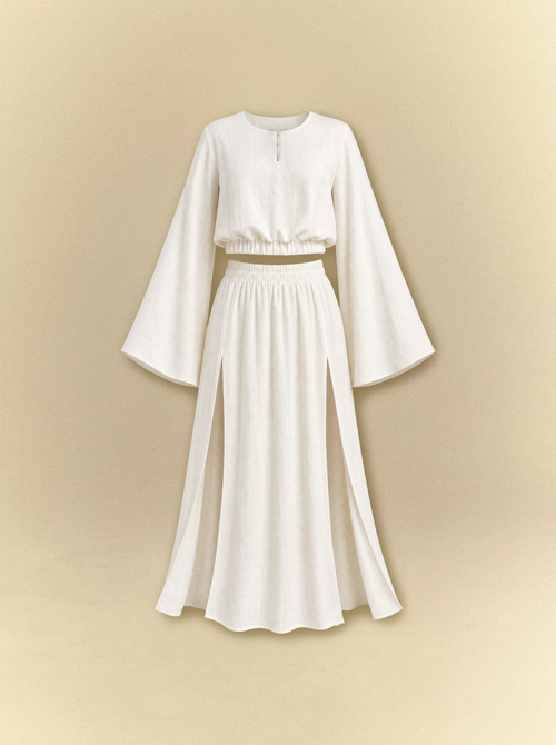 [unisex] Bell Sleeves Linen Crop Top with Side Slits Skirt Set