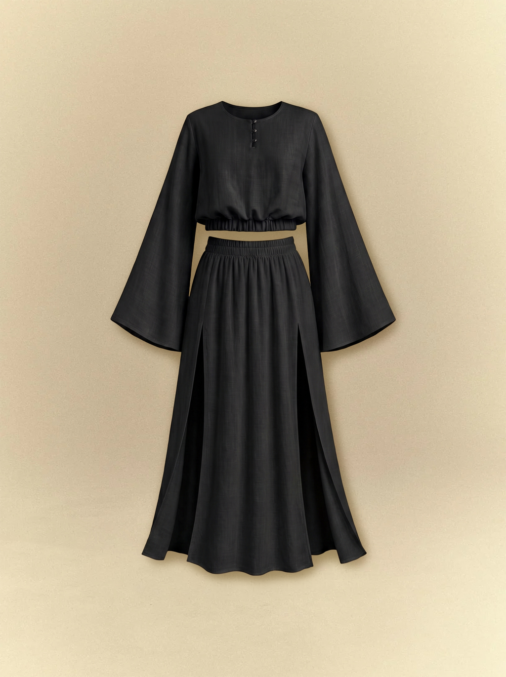 [unisex] Bell Sleeves Linen Crop Top with Side Slits Skirt Set