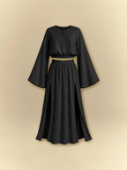 [unisex] Bell Sleeves Linen Crop Top with Side Slits Skirt Set