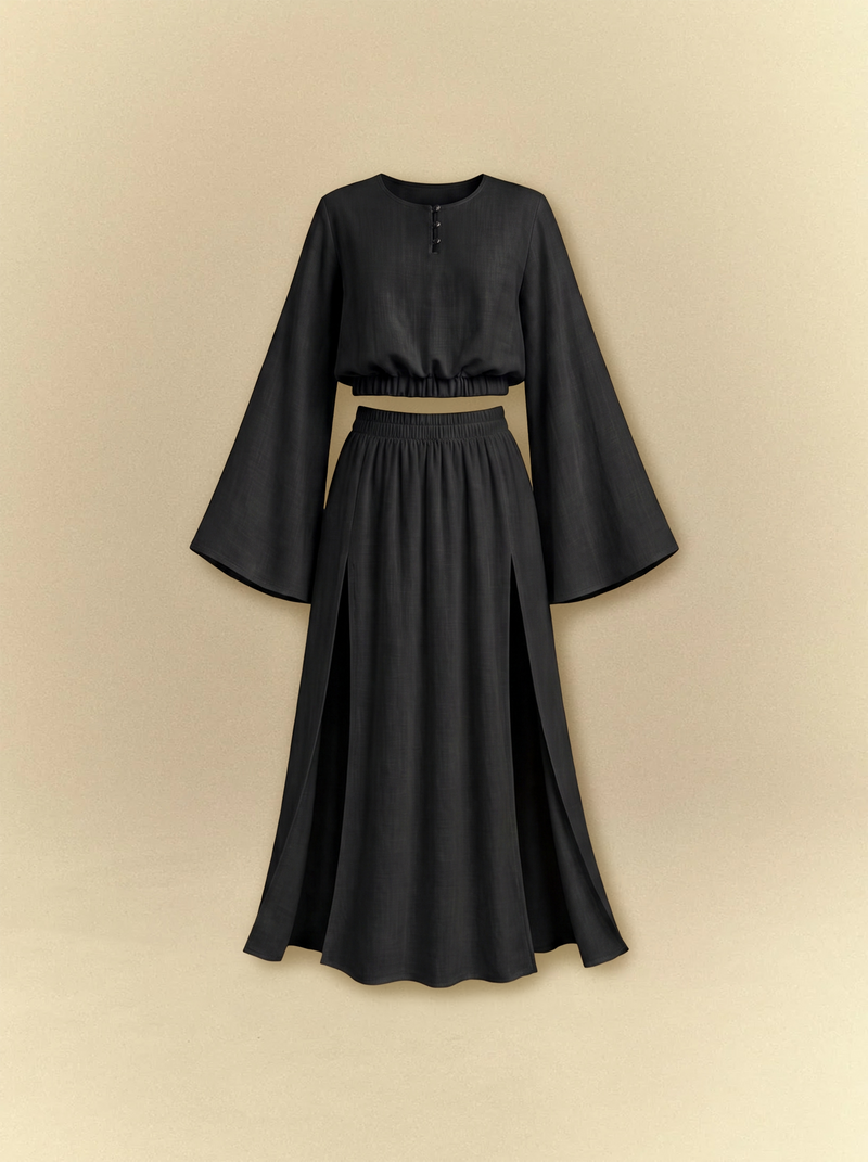 Bell Sleeves Linen Crop Top with Side Slits Skirt Set