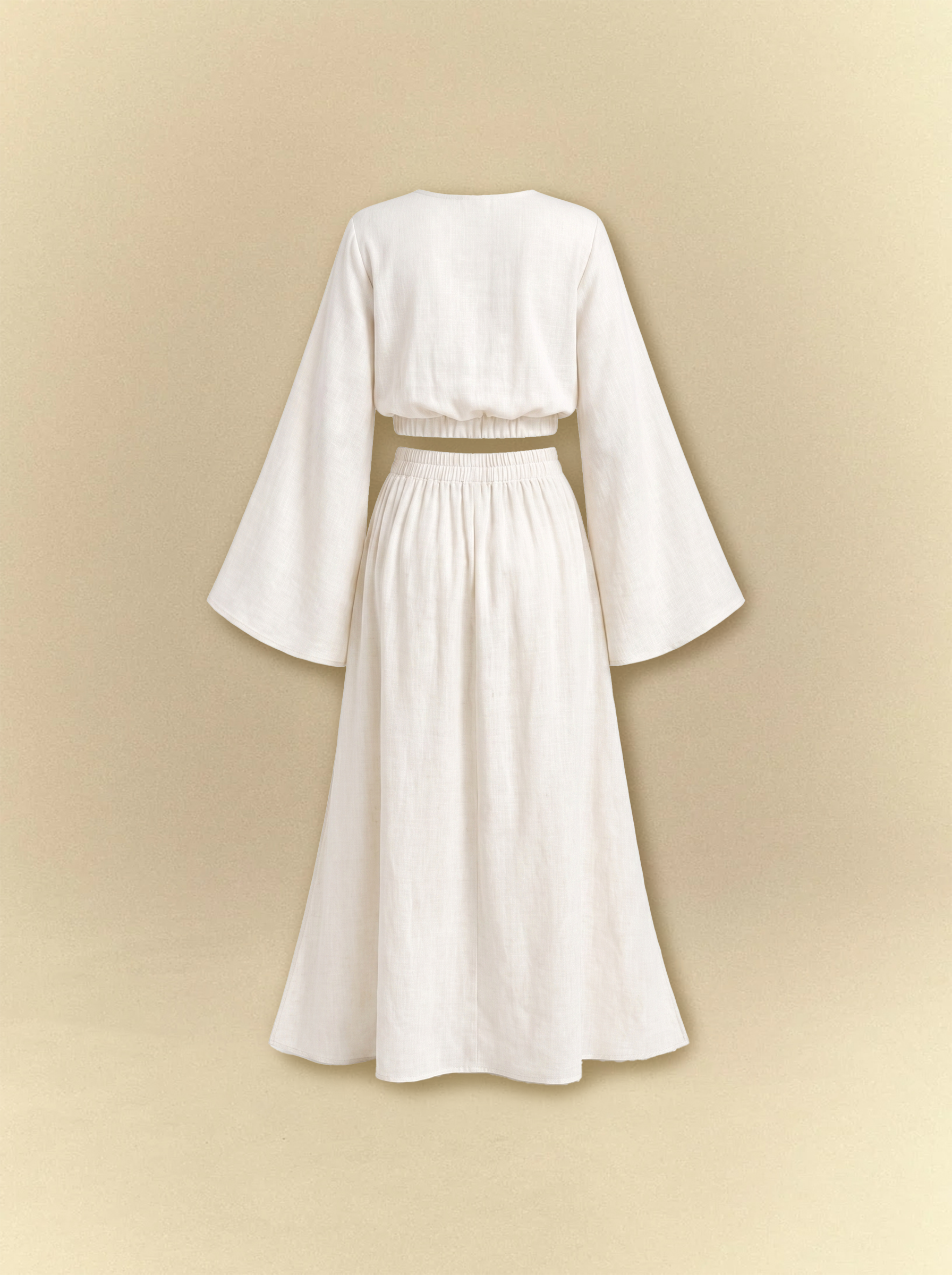 [unisex] Bell Sleeves Linen Crop Top with Side Slits Skirt Set