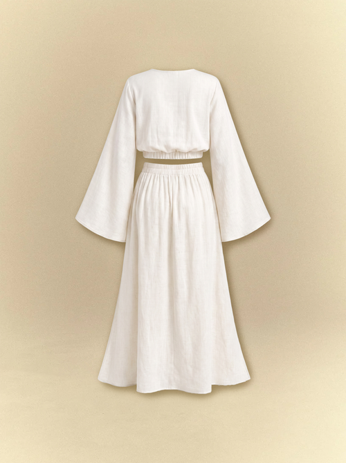 [unisex] Bell Sleeves Linen Crop Top with Side Slits Skirt Set