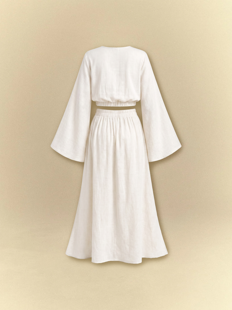 Bell Sleeves Linen Crop Top with Side Slits Skirt Set